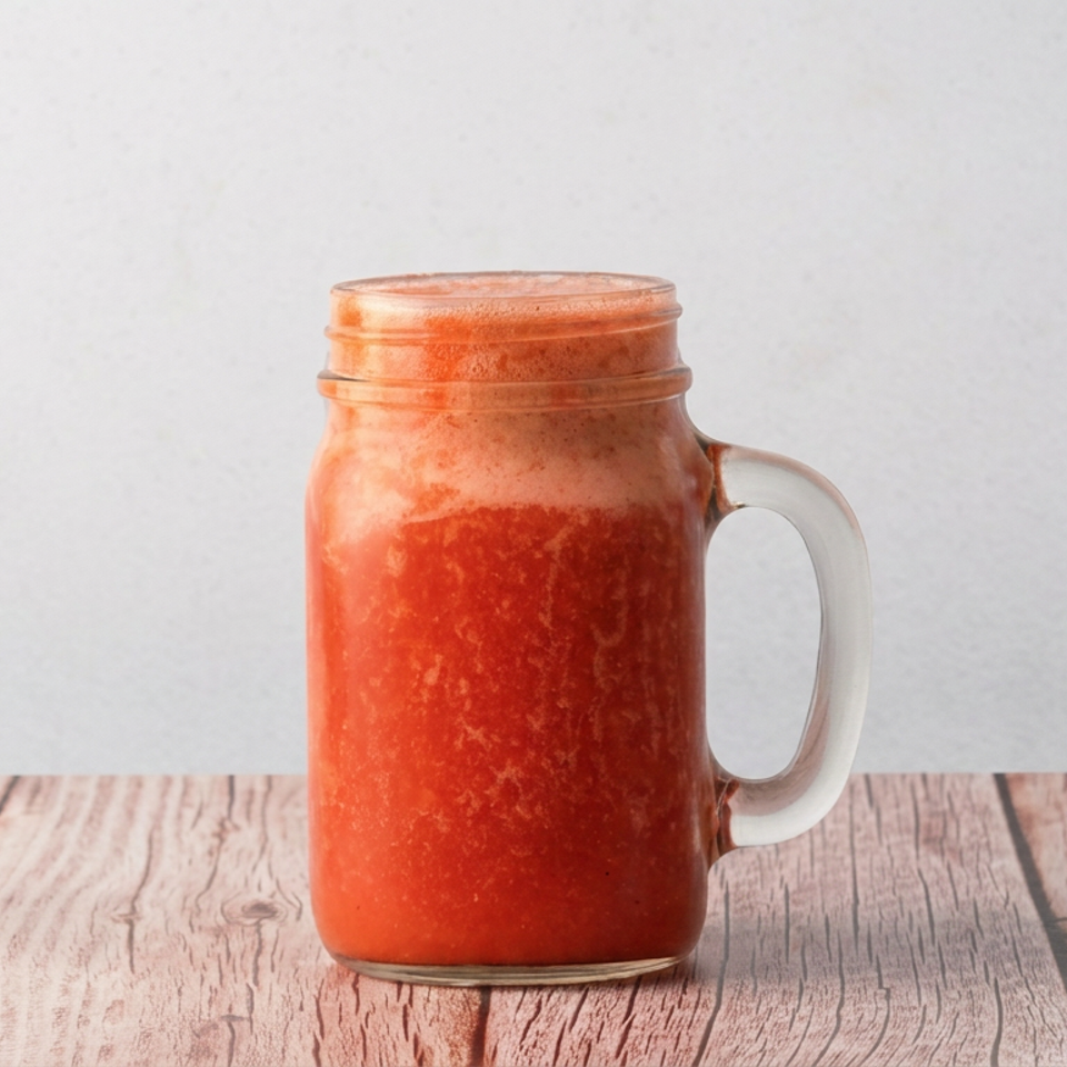 Mason jar filled with a frothy red-orange beverage on a rustic wooden table.
