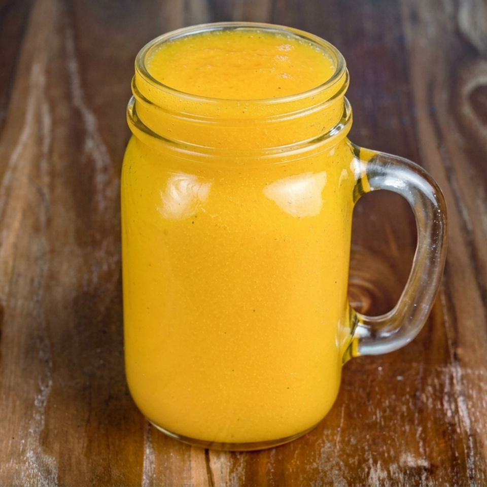 Bright yellow smoothie served in a clear glass mason jar on a rustic wooden table.