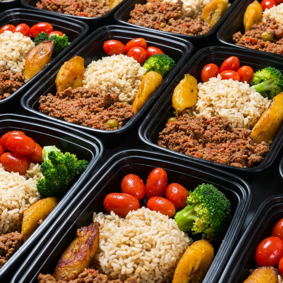 Rows of meal-prep containers filled with seasoned ground beef, rice, plantains, cherry tomatoes, and broccoli.