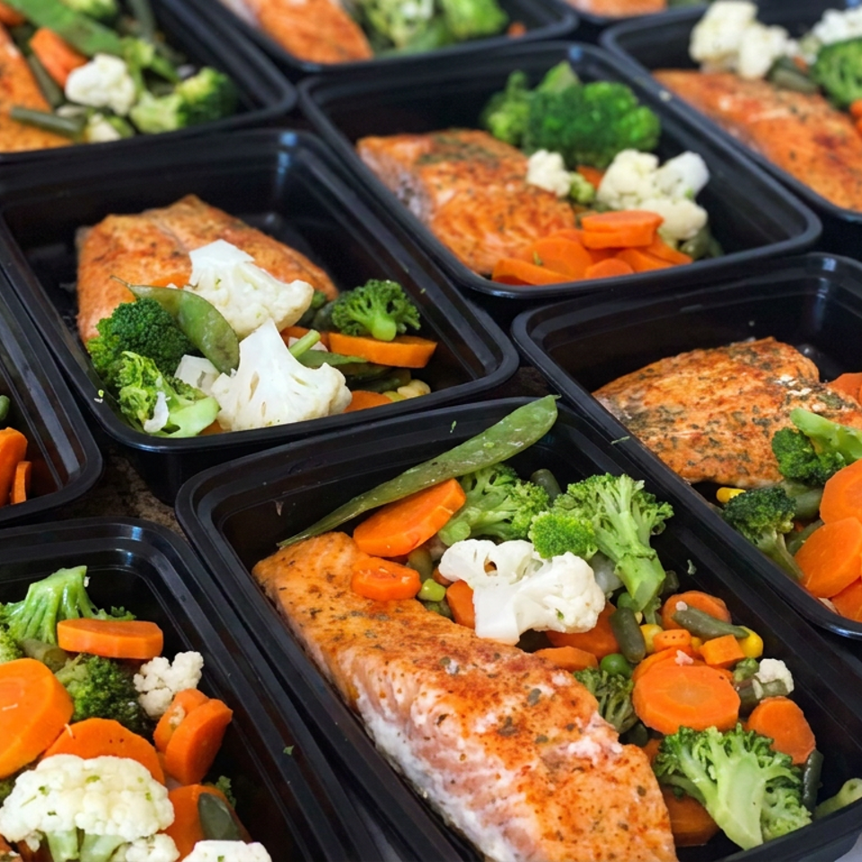 Black meal-prep containers filled with seasoned salmon portions and colorful steamed vegetables, including carrots, broccoli, cauliflower, and green beans.