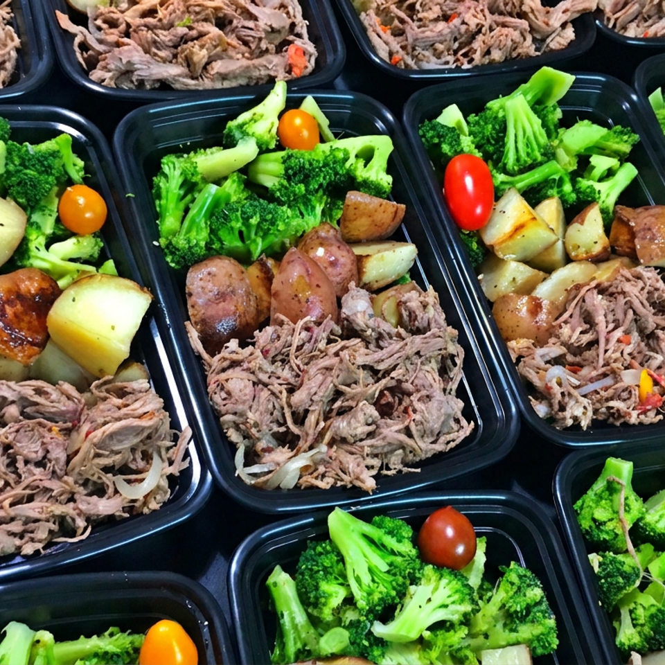 Meal-prep containers filled with shredded meat, roasted potatoes, broccoli, and cherry tomatoes.