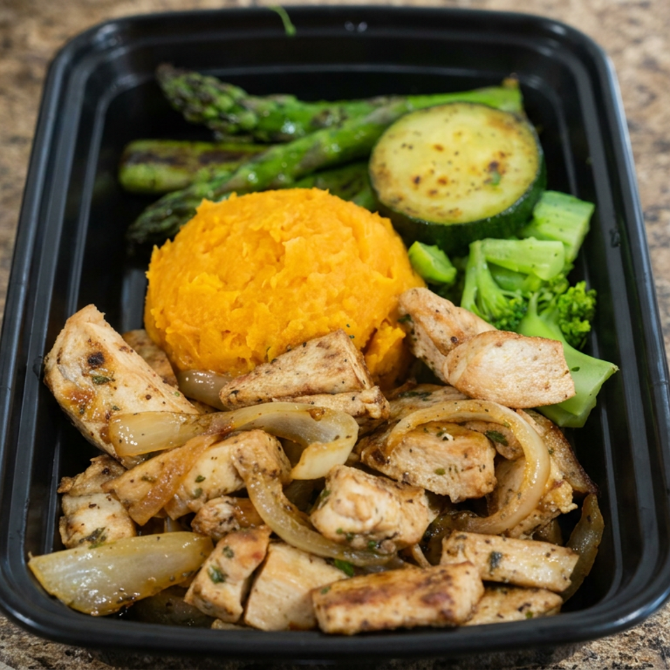 Takeout container filled with grilled chicken, onions, orange mash, asparagus, zucchini, and broccoli on a granite countertop.