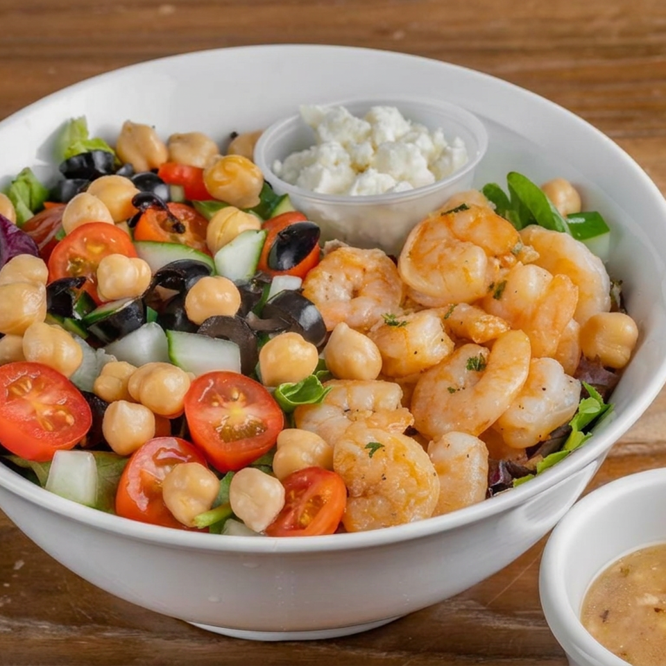 Shrimp salad with chickpeas, olives, tomatoes, cucumbers, greens, feta, and dressing served on a rustic wooden table.
