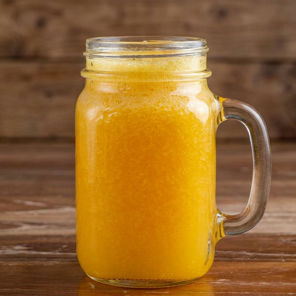 Mason jar filled with bright orange juice on a rustic wooden table against a wood-paneled background.