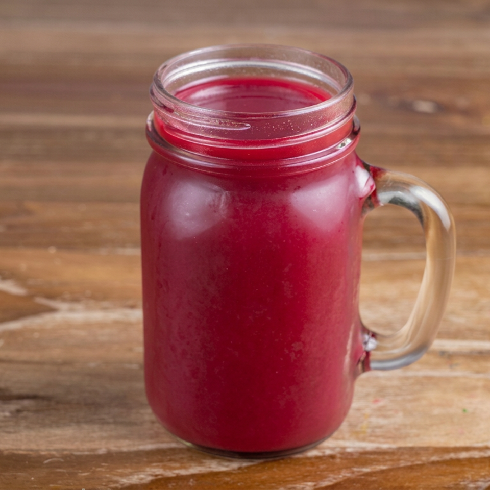 Red berry smoothie in a clear mason jar with handle on a rustic wooden table.