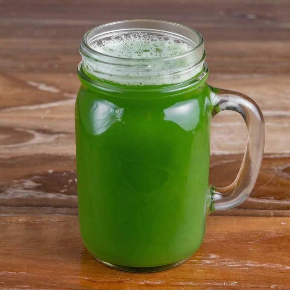 Bright green frothy beverage in a clear handled glass mug on a rustic wooden table.