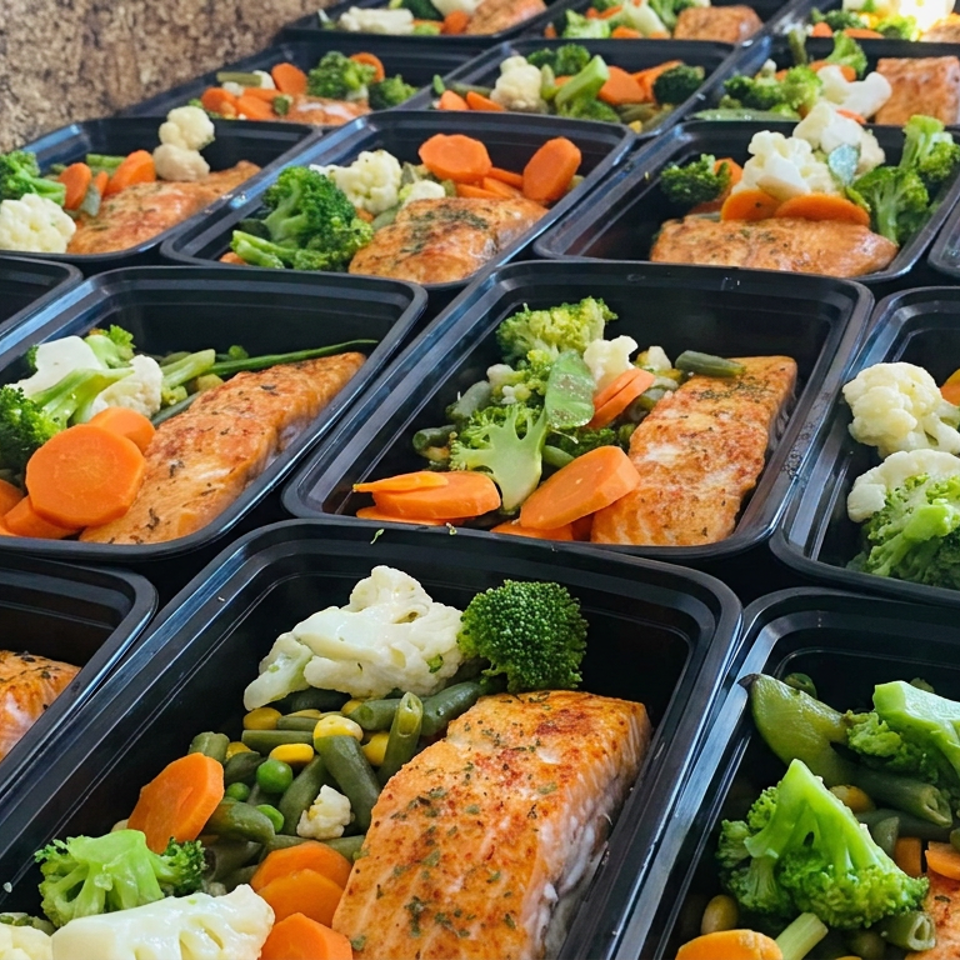Rows of black meal-prep containers holding seasoned salmon fillets with broccoli, cauliflower, carrots, and mixed vegetables.