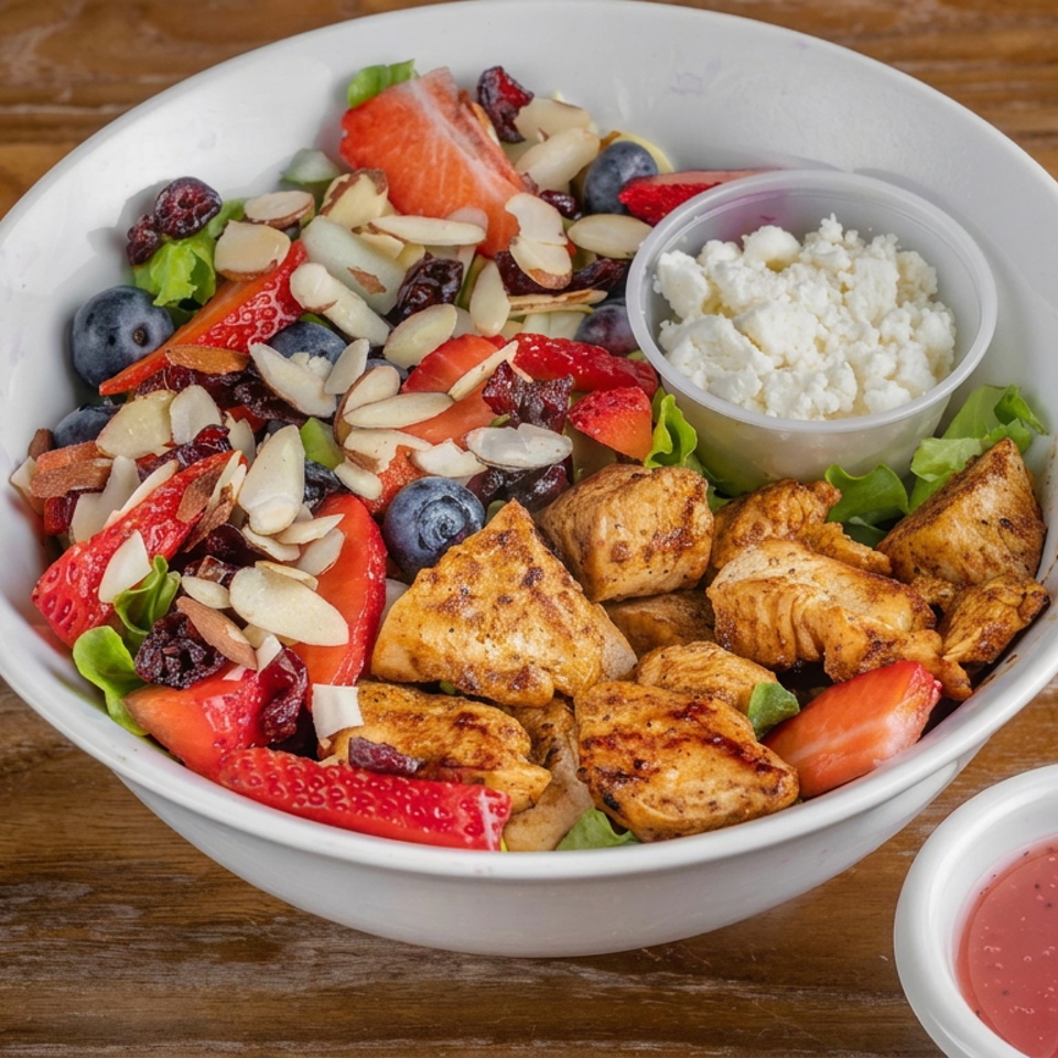 Grilled chicken salad with strawberries, blueberries, almonds, dried cranberries, greens, cottage cheese, and berry dressing on a wooden table.