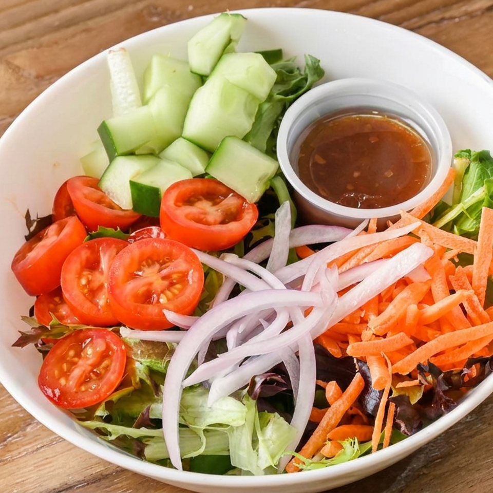 Fresh garden salad with lettuce, cucumber, tomatoes, carrots, red onion, and dressing on a wooden table.