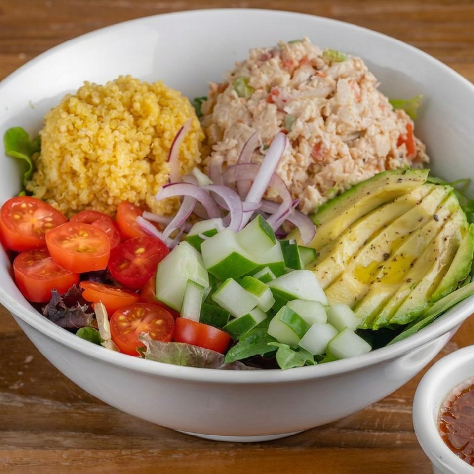 Grain and chicken salad bowl with avocado, tomatoes, cucumbers, red onion, greens, and dressing on a wooden table.