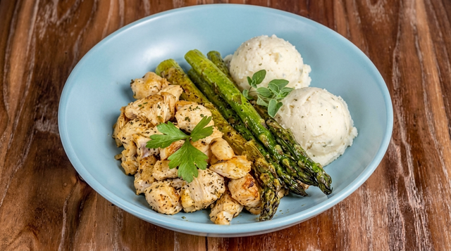 Chicken Breast with Mashed Potatoes & Asparagus.