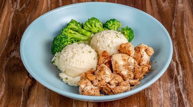 Chicken Breast with Mashed Potatoes & Broccoli.